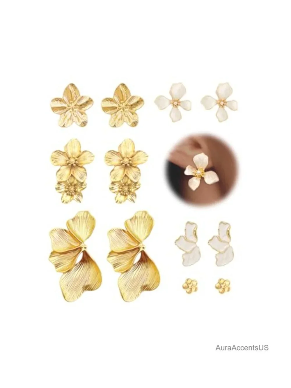 6 Pairs Flower Statement Earrings Set Gold Chunky Dangle Stud for Women